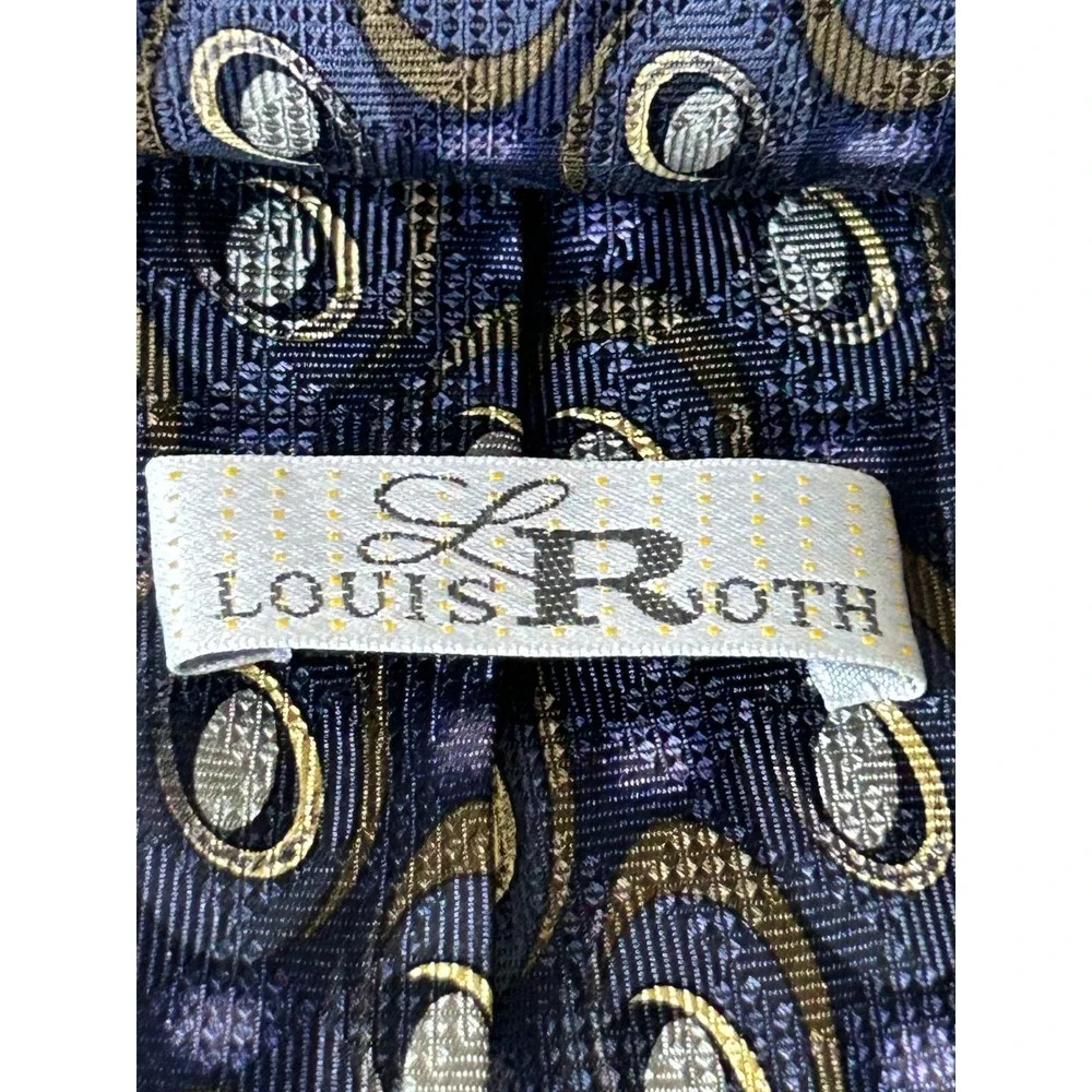 Louis Roth Mens Silk Necktie Navy Blue Gold Silver Geometric Oval Pattern 4 Inch